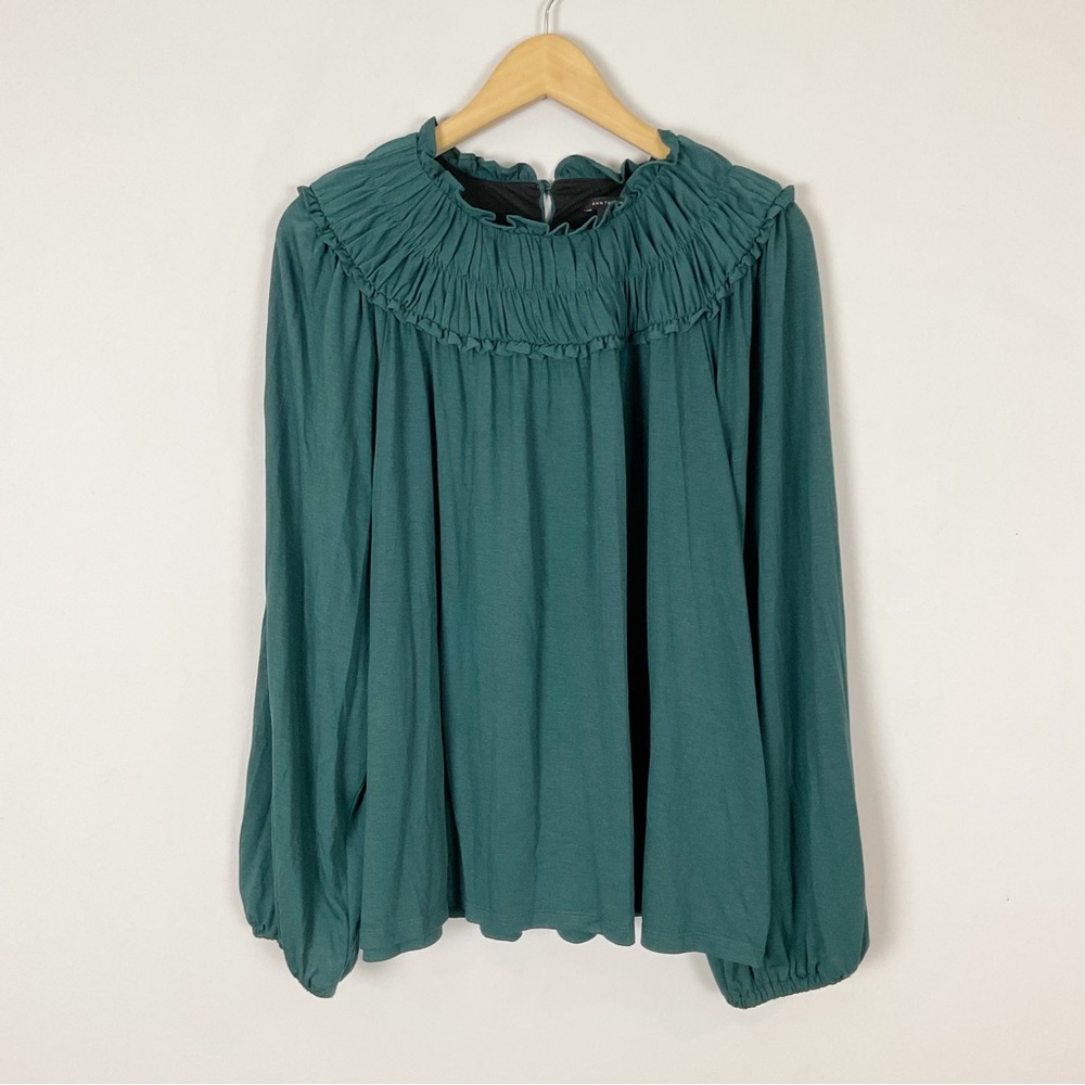 Ann Taylor Teal Long Sleeve Ruffled Yoke Blouse